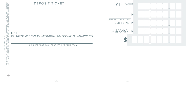 PERSONAL DEPOSIT TICKET with Less Cash Received line Check